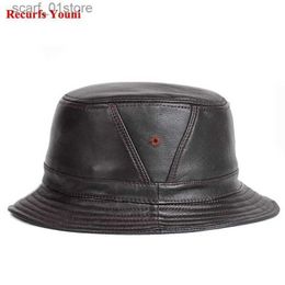 Wide Brim Hats Bucket Hats NEW RY995 Man Real Leather Fitted Flat Bucket Hats Male Outdoor Potted Short Brim Black/Brown Hip Gorras Elderly Fishing CL231217