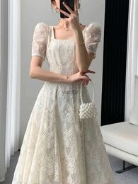 Basic Casual Dresses Elegant Beige Lace Long Dress for Women Princess Sleeve Vintage Fairycore Solid Square Collar Evening Party Prom VestidosL231218