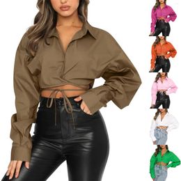 Women's Blouses Autumn And Winter Long Sleeved Shirt Solid Colour Tie Short Blouse Basic Ladies Tops Turn-Down Collar Cardigan