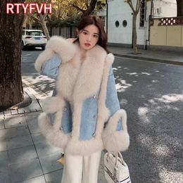 Womens Fur Faux Women Winter Denim Jacket Oversize Large Collar Plus Velvet Thick Loose Warm Jean Coat 231218