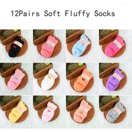 Women Socks 12Pairs Soft Fluffy Bed Ladies Winter Warm Slipper Fleece Sock Bowknot Colourful Coral Embroidery
