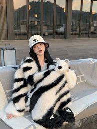 Womens Fur Faux Zebra Print VNeck Sweater Fox Coat Winter Thick Warm Loose Pullover Y2k Cool Street Girl Top 231218