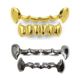 18K Gold Punk Hip Hop Vampire Teeth Fang Grillz Dental Grills Teeth Brace Up Bottom Tooth Cap Rapper Jewelry for Cosplay Party Who234w