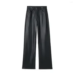 Women's Pants Faux Leather Long Trousers Women High Street PU Stright Leg Female Chic Lady Clothing 2023