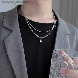 Pendant Necklaces Tren Hip hop Men's Personality Rhombus Cross Stainless Steel Double Layer Clavicle Chain Male Necklace Jewellery GiftL231218