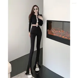 Women's Pants Bottoms Black High Waist Vintage Straight Elastic Autumn Thin Fashion Leisure Slim Split Flare Trouser