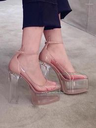 Sandals Woman Transparent Square High Heel Lady Platform Buckle Ankle Strap Summer Open Toe Shoes