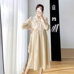 Dresses 2605# 2022 Autumn Korean Fashion Corduroy Maternity Long Dress Chic Ins Elegant Bow A Line Clothes for Pregnant Women Pregnancy