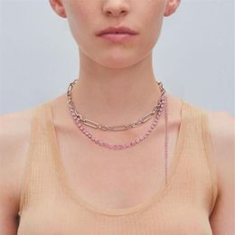justine clenquet Pink zircon women's necklace French elegant chain double clavicle chain fashion bracelet birthday gift3177