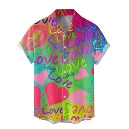 Men's Casual Shirts Mens Valentine Day Shirt Gradient Graffiti Full Print Blouse Short Sleeve Lapel Button Tunic Beach Vacation Leisure Top