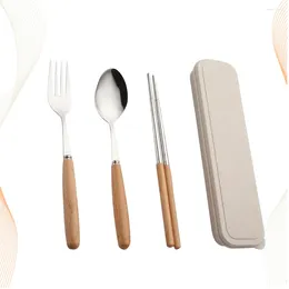 Dinnerware Sets 3 Pcs Portable Cutlery Set Tableware Chopsticks Spoons Fork Rest Stainless Steel Wooden Dinner Service