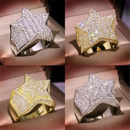 Hip Hop Vintage Fashion Jewelry 925 Sterling Silver&Gold Fill Pave White Sapphire CZ Diamond Party Five Star Women Men Wedding Ban160Q