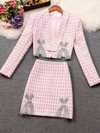 Two Piece Dress Autumn Winter Small Fragrance Houndstooth Tweed 2 Set Diamonds Bow Short Jacket Coat Mini Skirt Woolen Suits 231218