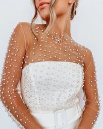 Women s T Shirt Carnival Style Pearls Beaded Detail Sheer Mesh Crop Clubwear Cover Up Top Without Bra 231218
