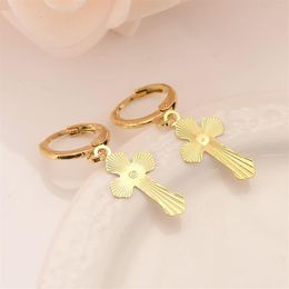 Wide Quality 14 ct Solid Gold GF Sleeper Hoop Dangle Earring with Cross Earrings NEW Religion Christianity250l