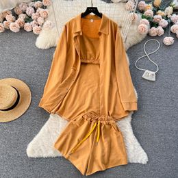 Women's Tracksuits Women Set Solid Colour Turn-down Collar Blusas Tank Shorts Button Korean Style Elastic Summer 3 Piece Outfit Casual