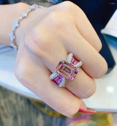 Cluster Rings Luxury 925 Sterling Silver Pink Emerald Cut Simulated Diamond For Women Charm Engagement Wedding Ring Female Jewelry