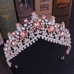 KMVEXO Baroque Rose Gold Pink Crystal Bridal Tiaras Crowns Rhinestone Diadem for Royal Bride Headbands Wedding Hair Accessories Y23242