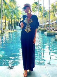 Dresses New Beach Cover Up Embroidered Women Bohemian Dress Bikini Cover Up 2023 Robe Plage Kaftan Tunic Pareo Plage Maxi Dress