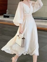 Basic Casual Dresses Summer French Elegant Party Dress Women Long Sleeve Casual Fairy Midi Dress Evening Vintage Dress Korean Fashion 231218