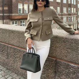 Women's Jackets Woman Elegant Armygreen Tweed Jacket 2023 Female Solid Single Breasted O Neck Ladies Fashion Straight Textured Outwear