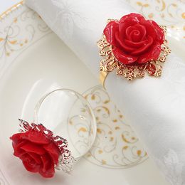 Red Resin Rose Flower Napkin Ring Hotel Wedding Decor Metal Napkins Buckle Festival Party Banquet Table Decoration Ring Holder BH8162 FF