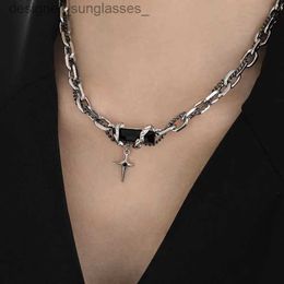 Pendant Necklaces 1Pc Punk Black Zircon Cross Star Pendant Necklace for Women Men's Vintage Korean Cool Titanium Steel Chain Choker Trend JewelryL231218