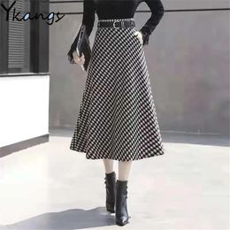 Dresses Autumn Winter Woolen Houndstooth Midi Skirt with Belt Office Ladies 2021 Aline Long Skirt for Women Plus Size Plaid Midi Skirt