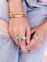 Band Rings Geometric Blue Colour Natural Stone Rings for Women Girls Metal Classic INS Party Vintage Chic Jewellery Gift 231218