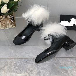Women's Pumps Leather Natural Fur Decor Designer Shoes Ladies Fluffy Mary Janes Formal Party Wedding Shoes Dress shoes