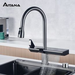 Kitchen Faucets Luxury digital display brass grey kitchen faucet pull out design waterfall water outlet single handle Cold 2 control Tap 231218