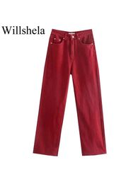 Jeans Willshela Women Fashion Red Denim Jeans Fashion High Waist Wide Leg Pants Chic Lady Woman Ins Style Trousers Pantalon