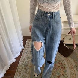 Dresses Broken Hole Love Thin Jeans Women 2021 High Waist Split Flared Pants Loose Straight Wide Leg Long Pants