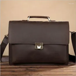 Briefcases Men Vintage Genuine Leather Briefcase 14" Ipad Messenger Bag Double Layer Real Retro Crossbody