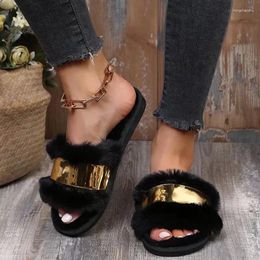 Slippers 2023 Winter Fashion Women Keep Warm Shoes For With Plush Flat Heel Black Basic Size 41