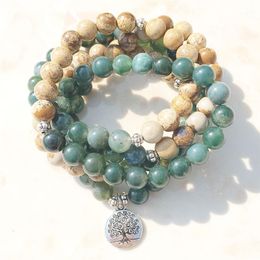 SN1005 Moss Agate Picture Jasper 108 Mala Beads Yoga Necklace Tree Of Life Mala Wrap Bracelet Everything About Nature and Meditati260s
