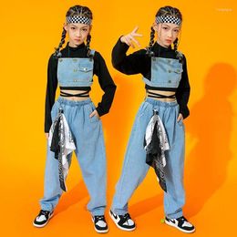 Stage Wear Jazz Costume Girls Hip Hop Clothes Denim Long Sleeves Performance Outfit Modern Street Dance Clothing Kids Rave