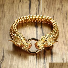 Chain Mens Punk Double Dragon Head Herringbone Bracelet For Men Braslet Stainless Steel Gold Tone Hip Hop Male Jewelry 22 5C268F Dro Dhhfc