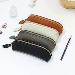 Retro Style Pencil Case Portable Large Capacity Multifunction Glasses Genuine Leather Simple Pen Sleeve For Kids