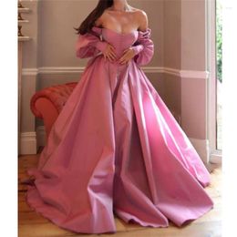 Party Dresses Elegant Pink Long Puff Sleeve Ball Gown Satin A-Line Evening For Women Wedding Birthday Formal