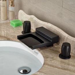 Bathroom Sink Faucets Vidric Deck Mounted Black Wide Waterfall Spout Bath Tub Faucet Double Handle Basin And Cold Mixer Taps