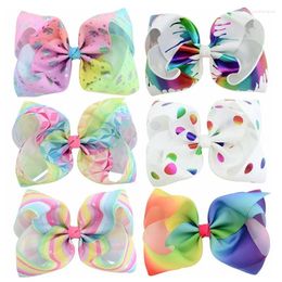 Hair Accessories Girls Clip Large Rainbow Colorful Bowknot Print Grosgrain Ribbon Bows Kids Handmade Accessory Hairpins