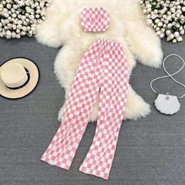 Women's Two Piece Pants 2023 Summer 2 Outfits For Women Sleeveless Strapless Top And Wide Leg Fashion Plaid Ladies Pleated Suit Set