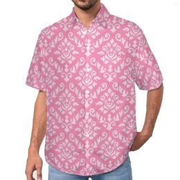 Men's Casual Shirts Damask Baroque Print Beach Shirt Pink And White Summer Men Street Style Blouses Short Sleeve Graphic Clothing