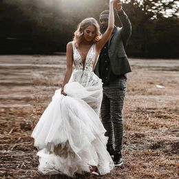 2024 Sexy Boho Wedding Dress For Women Deep V-neck Lace Appliques Backless A-Line Beach Bridal Open Back Gown Morden Vestido de Novia