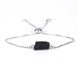 Natural Rough Black Tourmaline Mineral Precious Stone Bead Health Adjustable Healing Silver Colour Link Bracelets For Women Beaded 259R