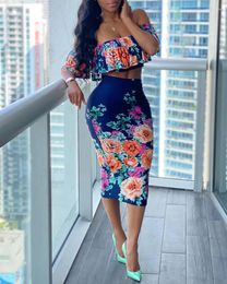 Work Dresses 2023 Women Dress Sets Off Shoulder Floral Print Ruffles Top & Skirt Set Casual Look For