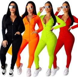 Dress Yellow Sexy Skinny Two Piece Set Women Autumn Winter Long Sleeves Hooded Zipper Top And Full Length Pant Solid Casual Tracksuits