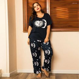 Women's Sleepwear Plus Size Pajama Sets Women Summer Cotton Cute Sun Moon Short Sleeve Two Piece Set Homewear Sexy Pjs Lounge Nightwear