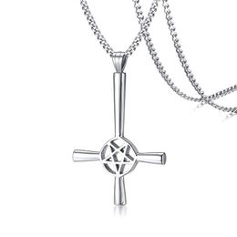 Large Silver Inverted Cross Occult Pentagram Necklace in Stainless Steel Satanic Gothic Satan Jewelry252S